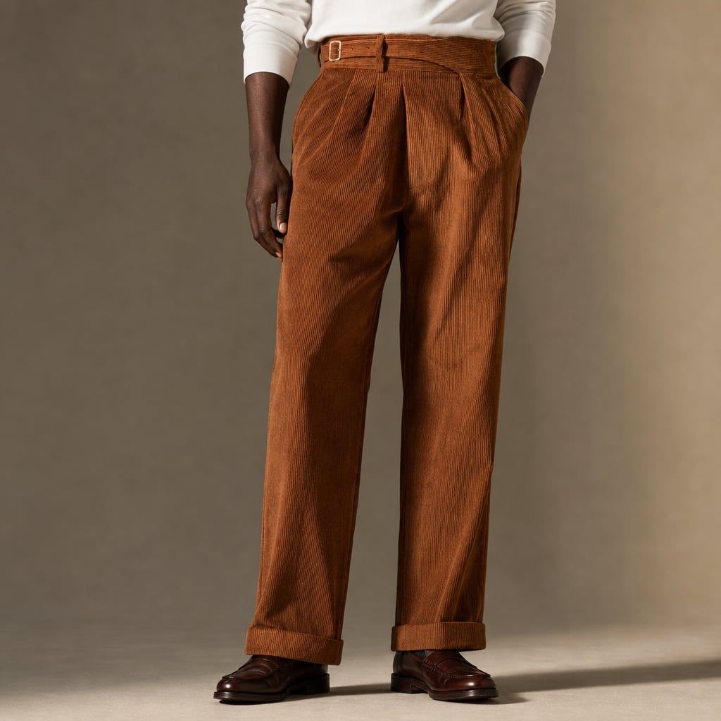 Corduroy Pants Gurkha Double Pleat Side Tab Waistband in Cognac Brown – Tarlano Premium Menswear