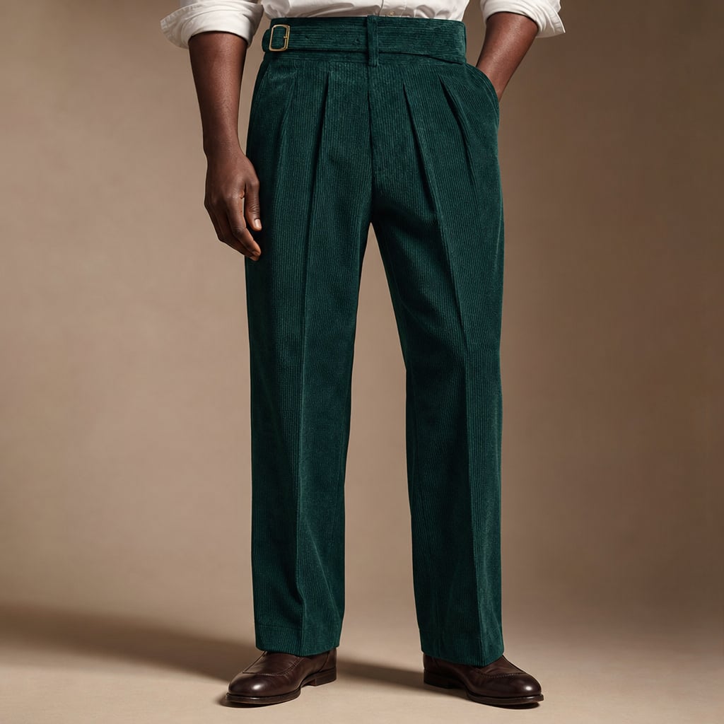 Corduroy Pants Gurkha Double Pleat Side Tab Waistband Forest Green – Product Photo