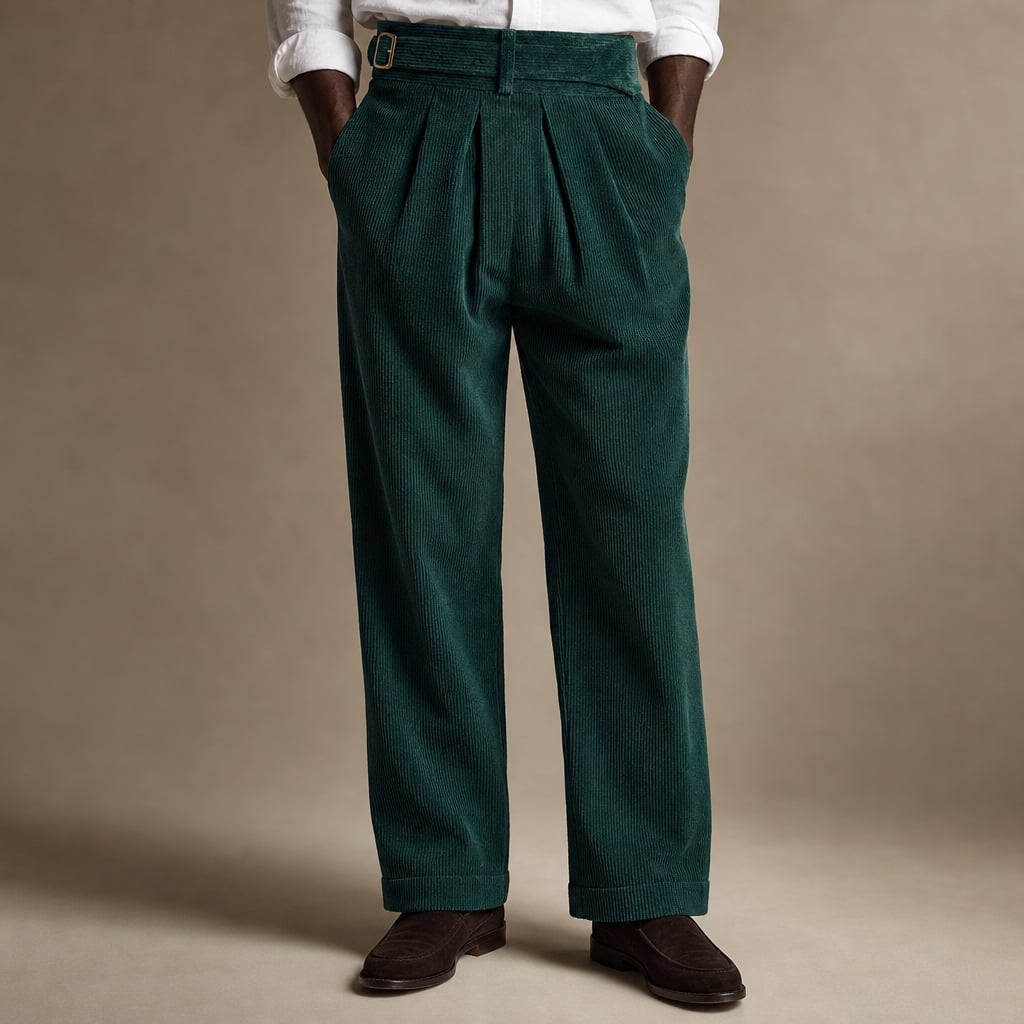 Corduroy Pants Gurkha Double Pleat Side Tab Waistband in Forest Green – Tarlano Premium Menswear