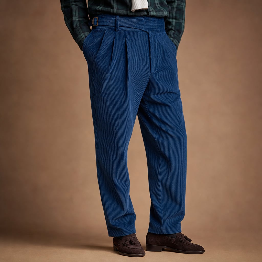 Corduroy Pants Gurkha Double Pleat Side Tab Waistband Navy – Product Photo