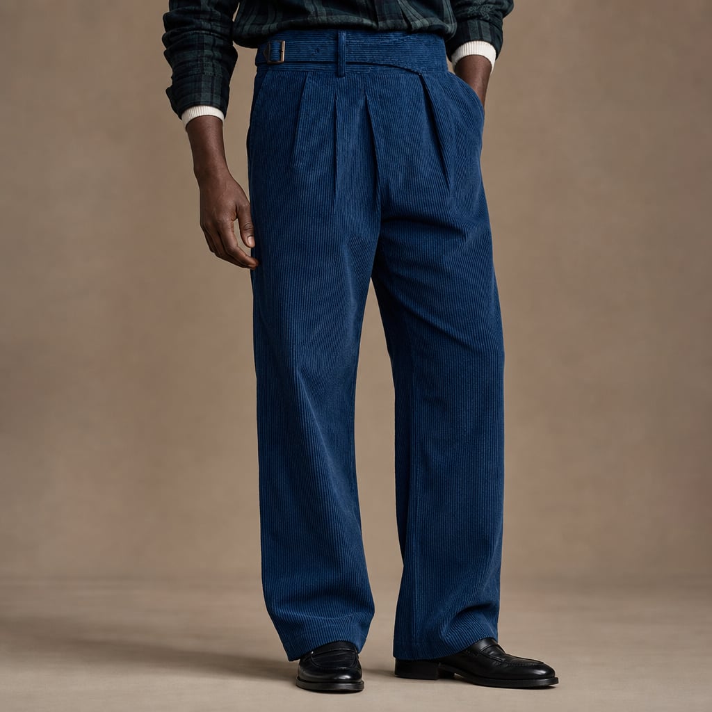 Corduroy Pants Gurkha Double Pleat Side Tab Waistband in Navy – Tarlano Premium Menswear