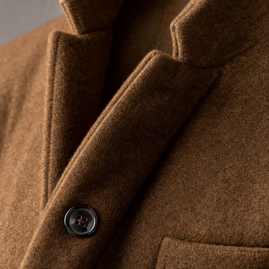 Sport Coat Wool Blend Stand Collar Brown – Fabric and Detail Close-Up