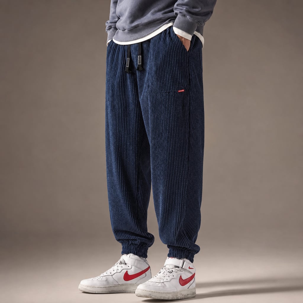 Corduroy Jogger Pants Relaxed Fit Navy Blue – Side Angle View