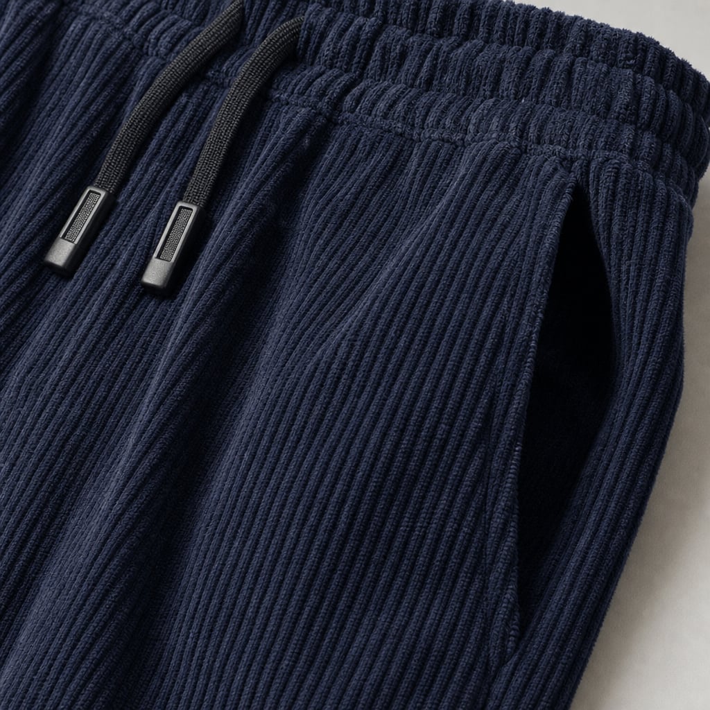 Corduroy Jogger Pants Relaxed Fit Navy Blue – Fabric and Detail Close-Up