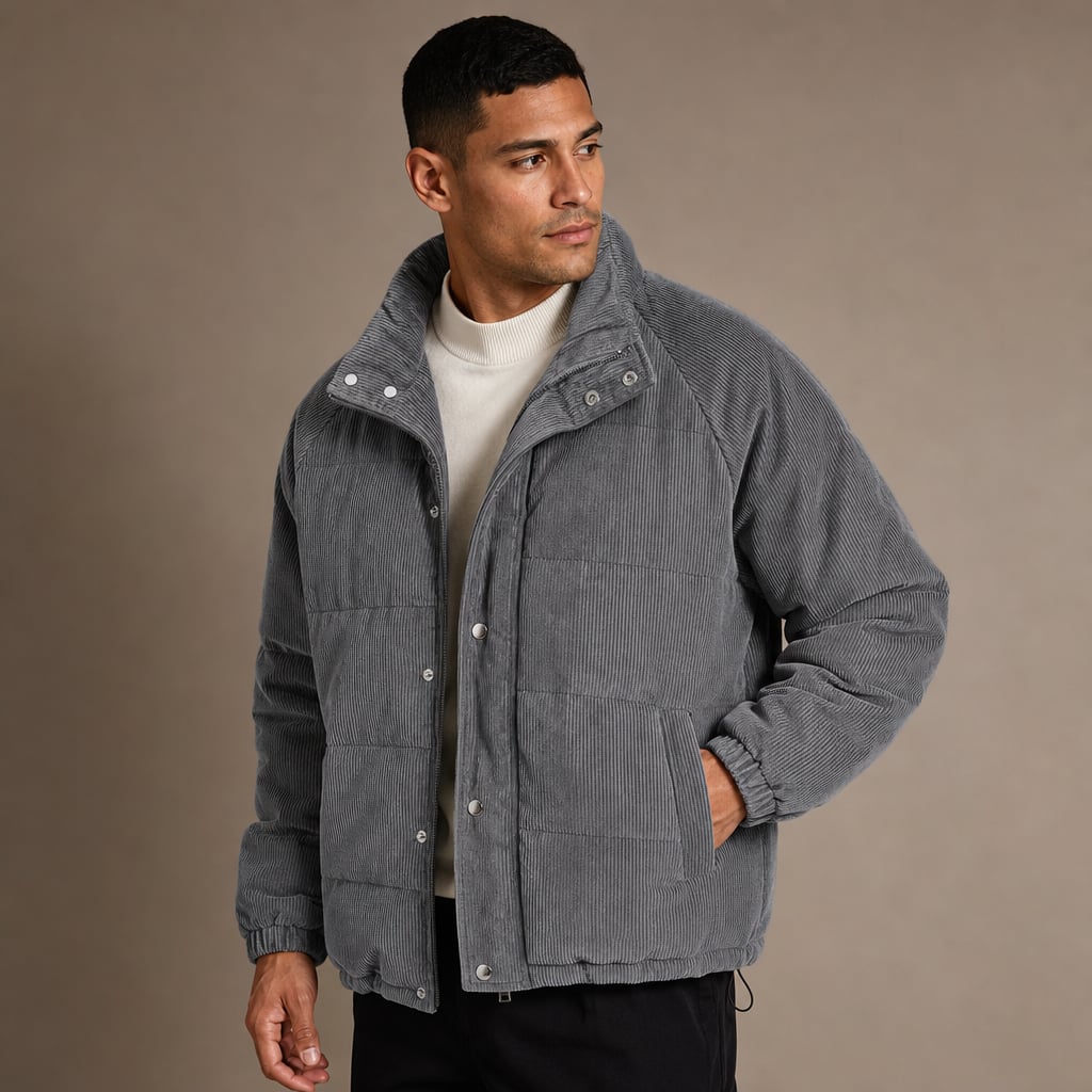 Corduroy Jacket Thermal Insulated Comfort Fit Gray – Side Angle View