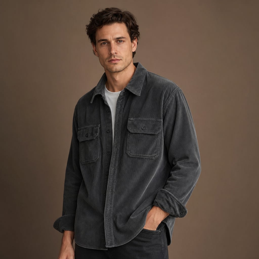 Corduroy Overshirt Relaxed Fit Long Sleeve Gray – Side Angle View