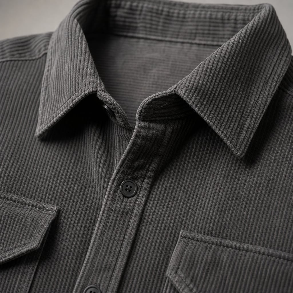 Corduroy Overshirt Relaxed Fit Long Sleeve Gray – Fabric and Detail Close-Up
