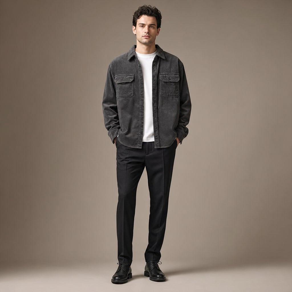 Corduroy Overshirt Relaxed Fit Long Sleeve Gray – Full Look