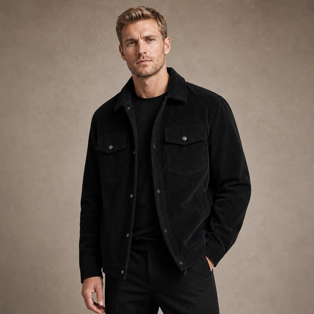 Corduroy Blazer Lapel Loose Fit Black – Side Angle View