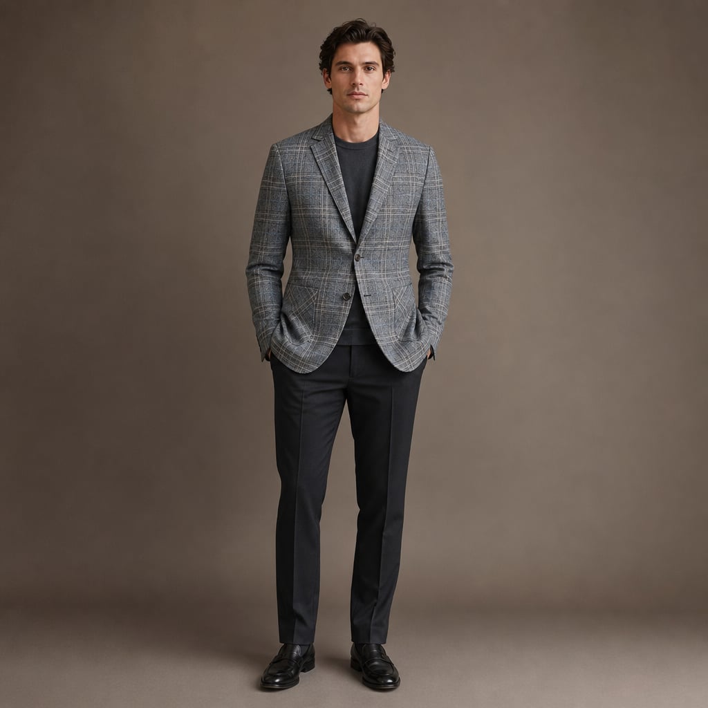 Blazer Check Pattern Slim Fit Lightweight Dark Grey – Full Look