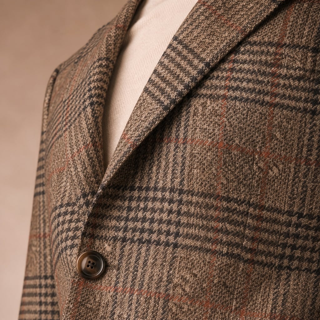 Blazer Houndstooth Check Tweed Fitted Brown – Fabric and Detail Close-Up