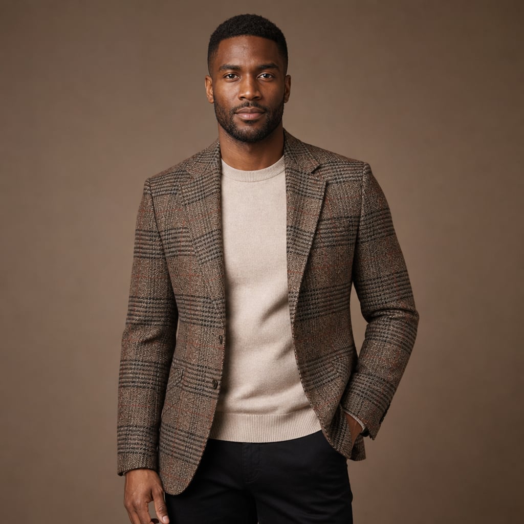 Blazer Houndstooth Check Tweed Fitted in Brown – Tarlano Premium Menswear