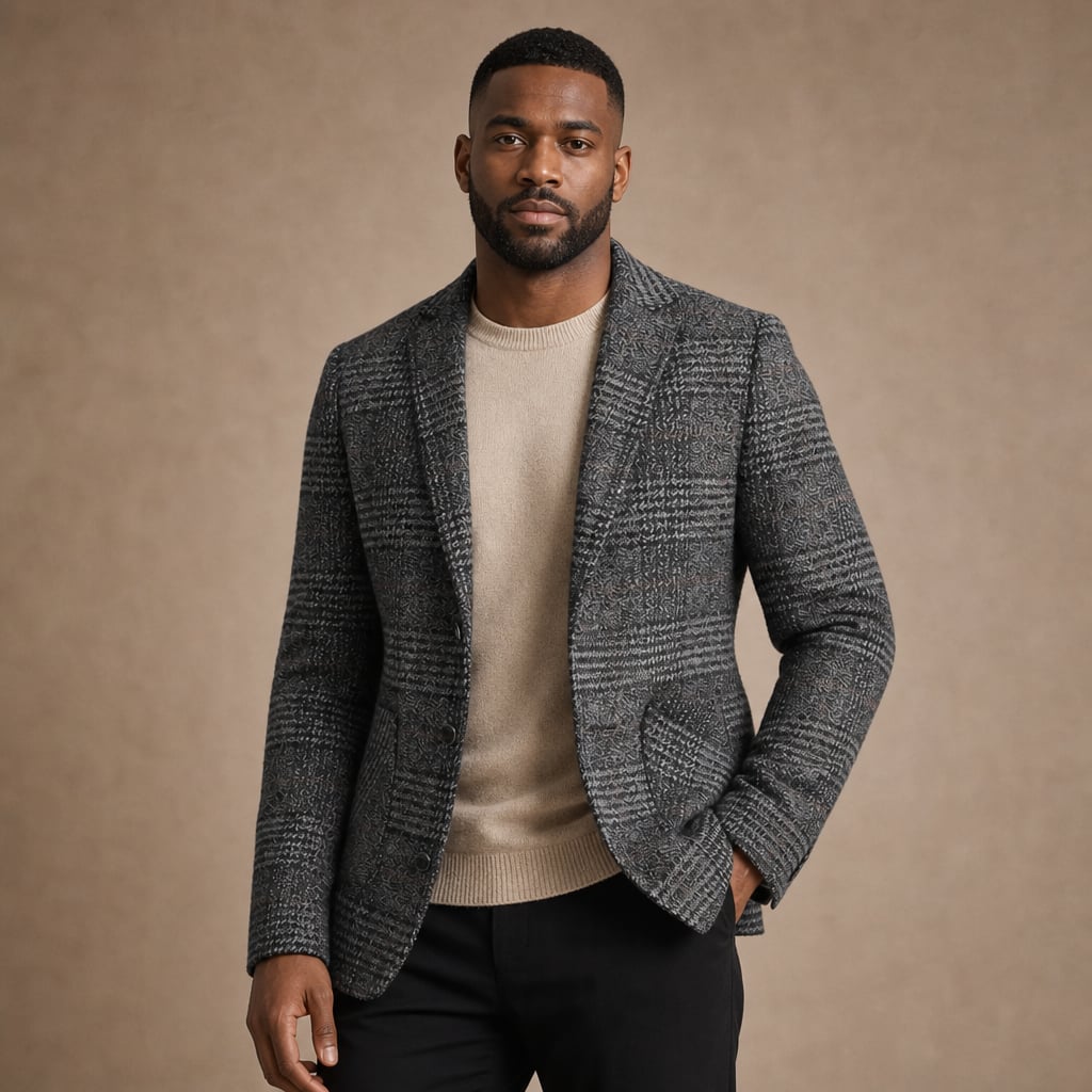 Blazer Houndstooth Check Tweed Fitted in Grey – Tarlano Premium Menswear