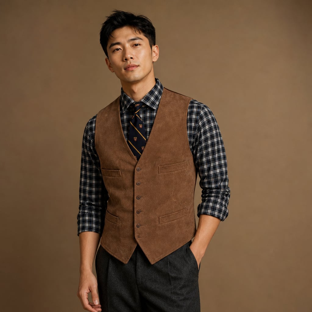 Waistcoat Faux Suede Slim Fit Brown – Side Angle View