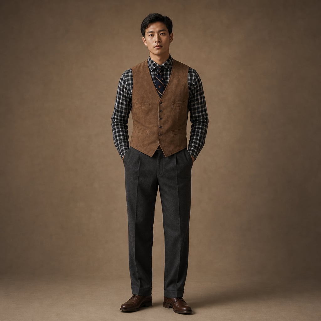 Waistcoat Faux Suede Slim Fit Brown – Full Look