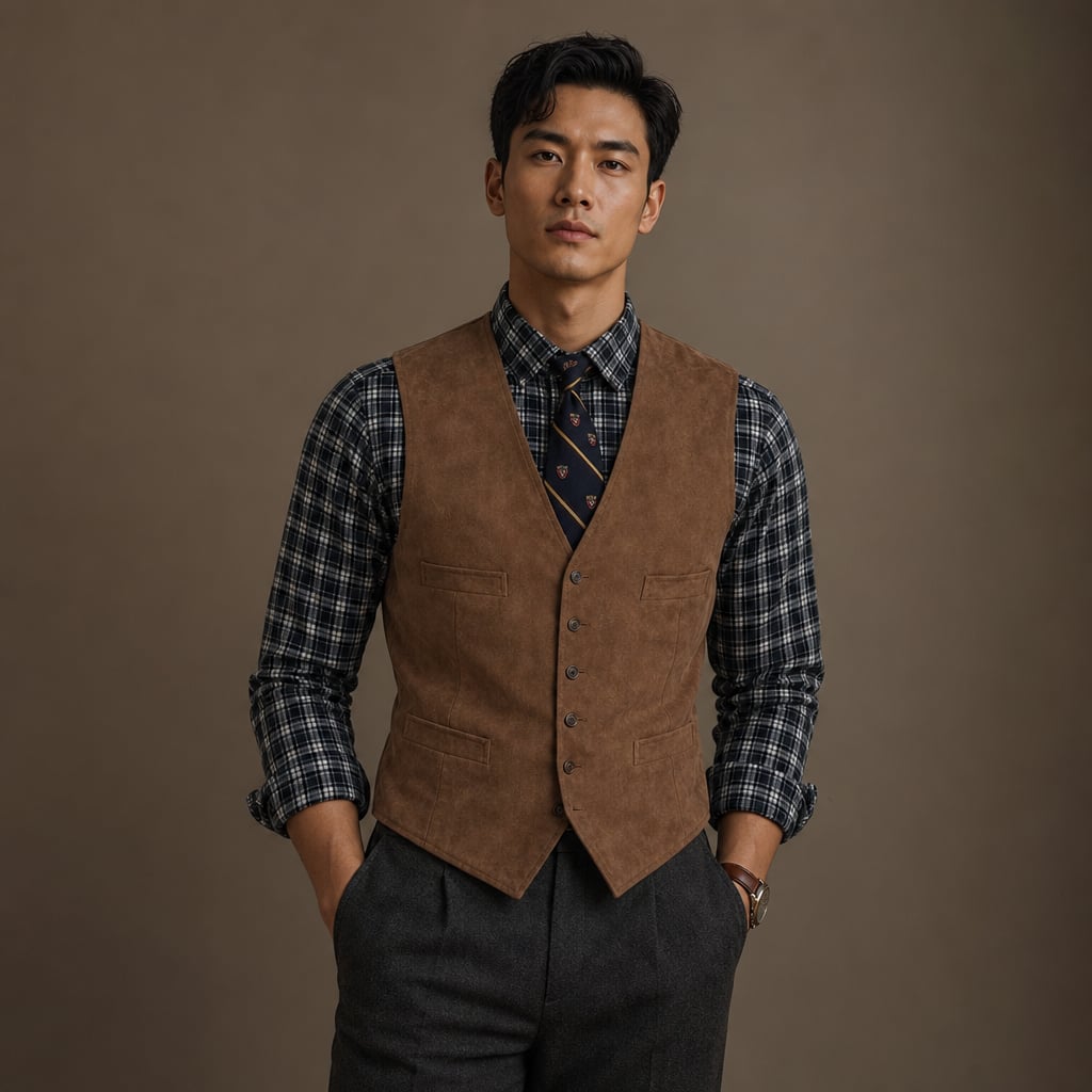 Waistcoat Faux Suede Slim Fit Brown – Product Photo