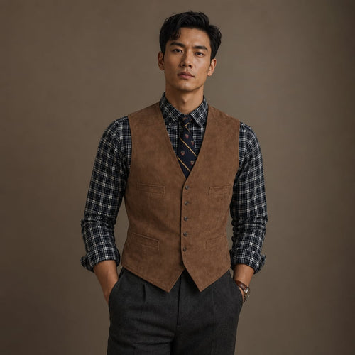 Waistcoat Faux Suede Slim Fit Brown – Product Photo