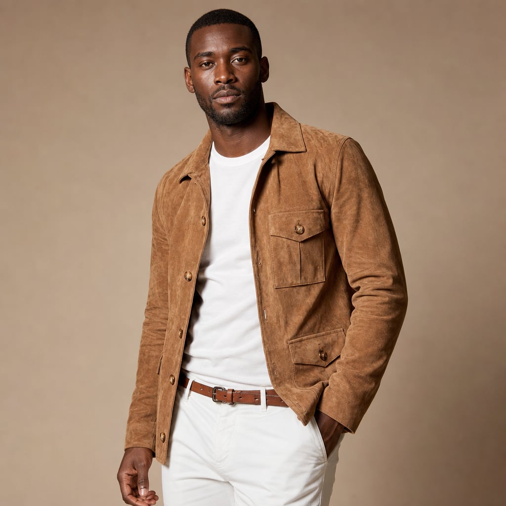 Sports Jacket Suede Utility Multi-Pocket Light Brown – Side Angle View