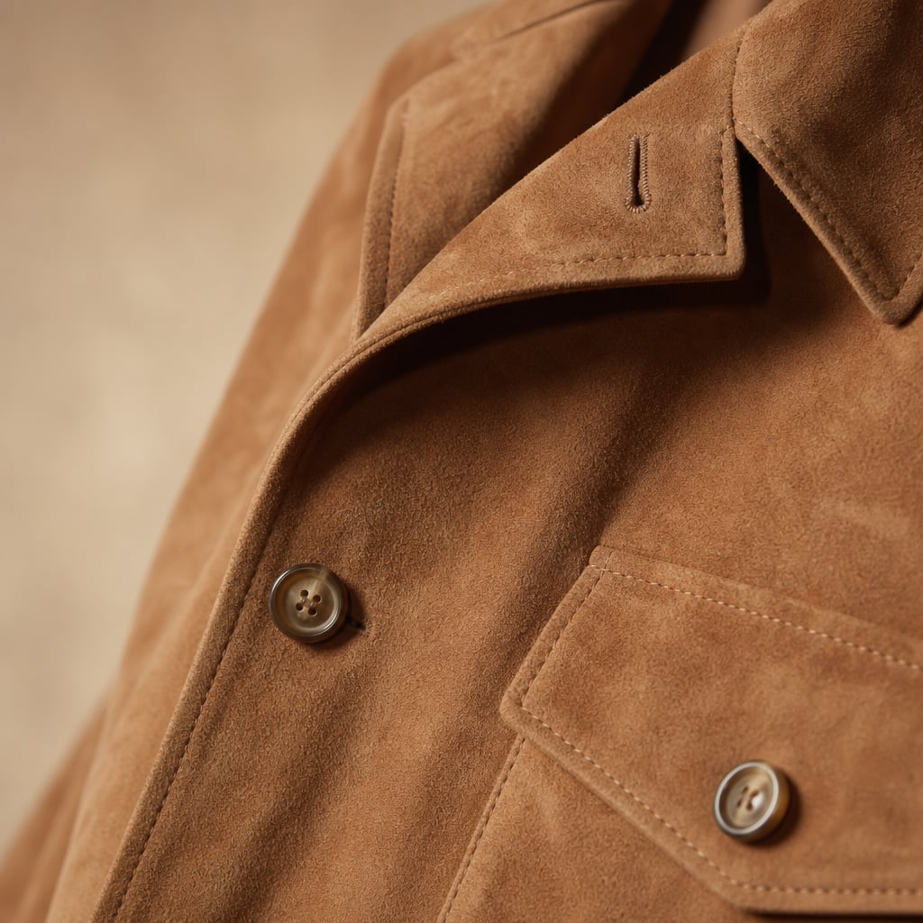 Sports Jacket Suede Utility Multi-Pocket Light Brown – Fabric and Detail Close-Up