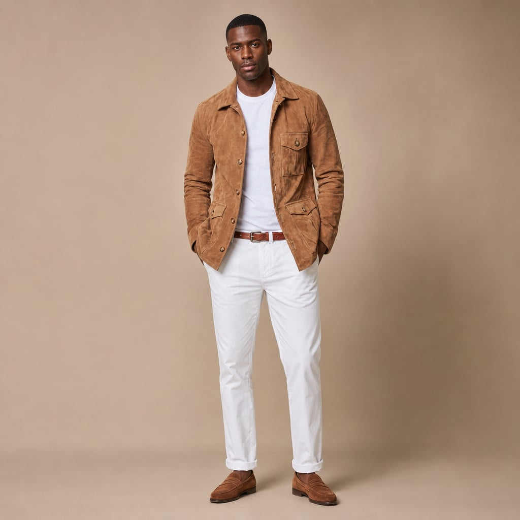 Sports Jacket Suede Utility Multi-Pocket Light Brown – Full Look