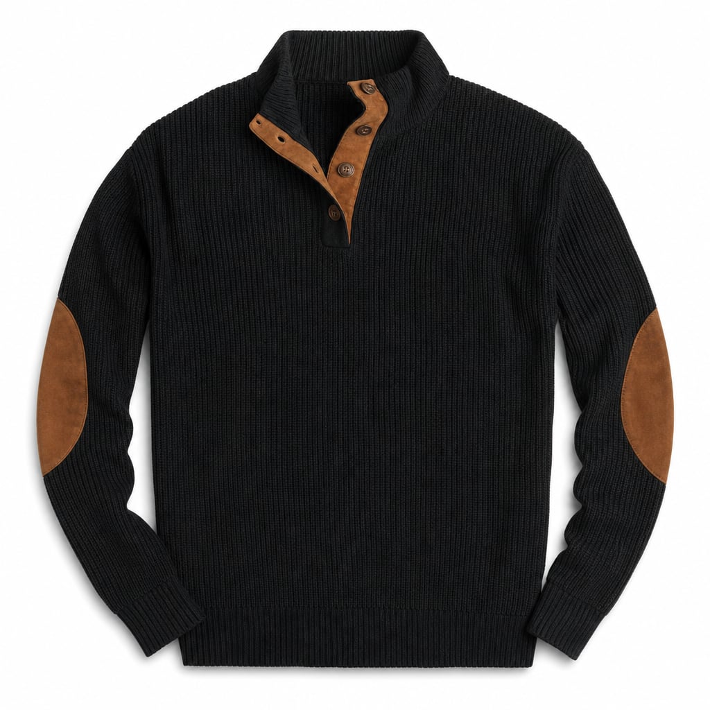 Cardigan Ribbed Knit Suede Elbow Patches Black – Product Photo