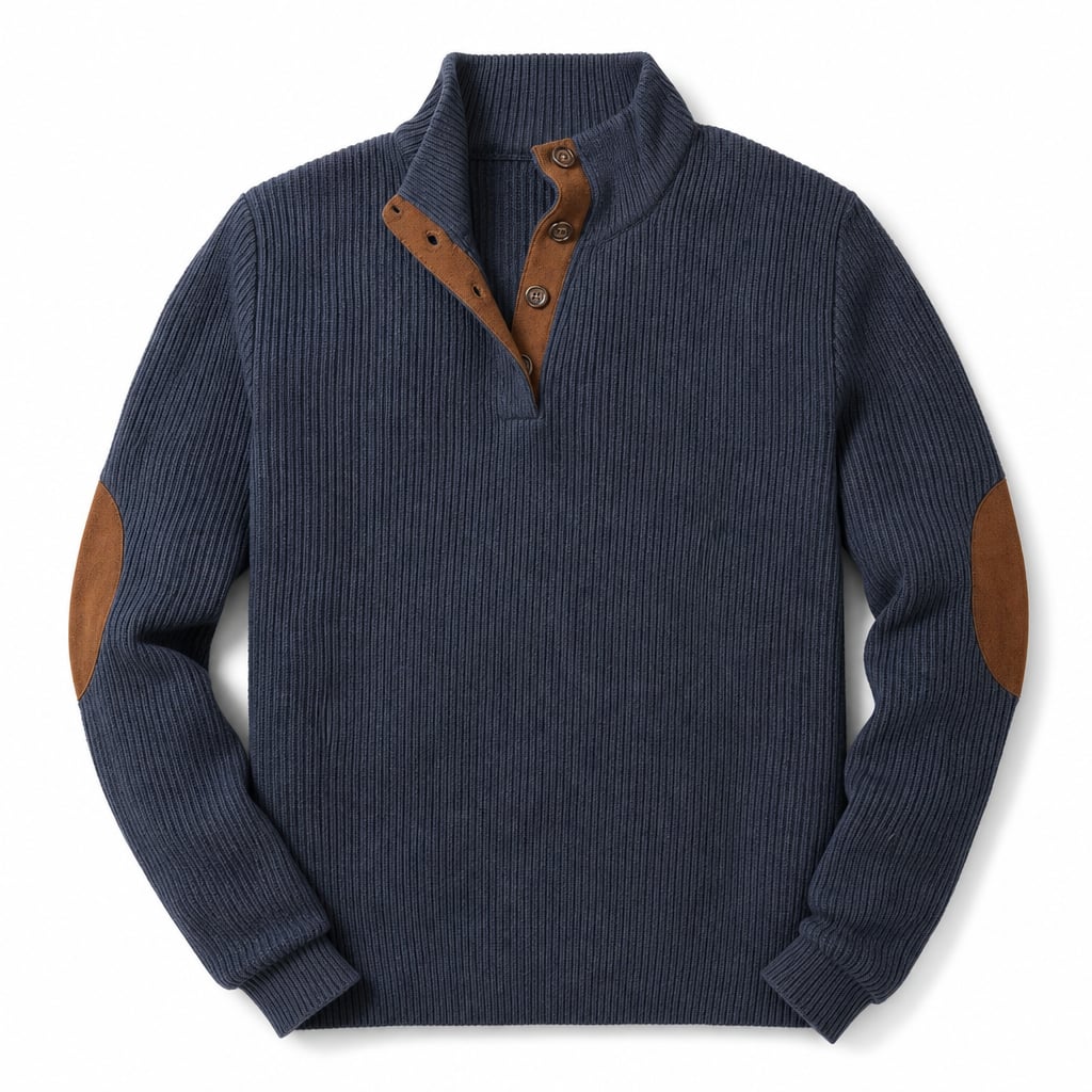 Cardigan Ribbed Knit Suede Elbow Patches Dark Blue – Product Photo