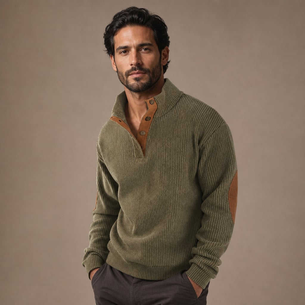 Cardigan Ribbed Knit Suede Elbow Patches Green – Side Angle View