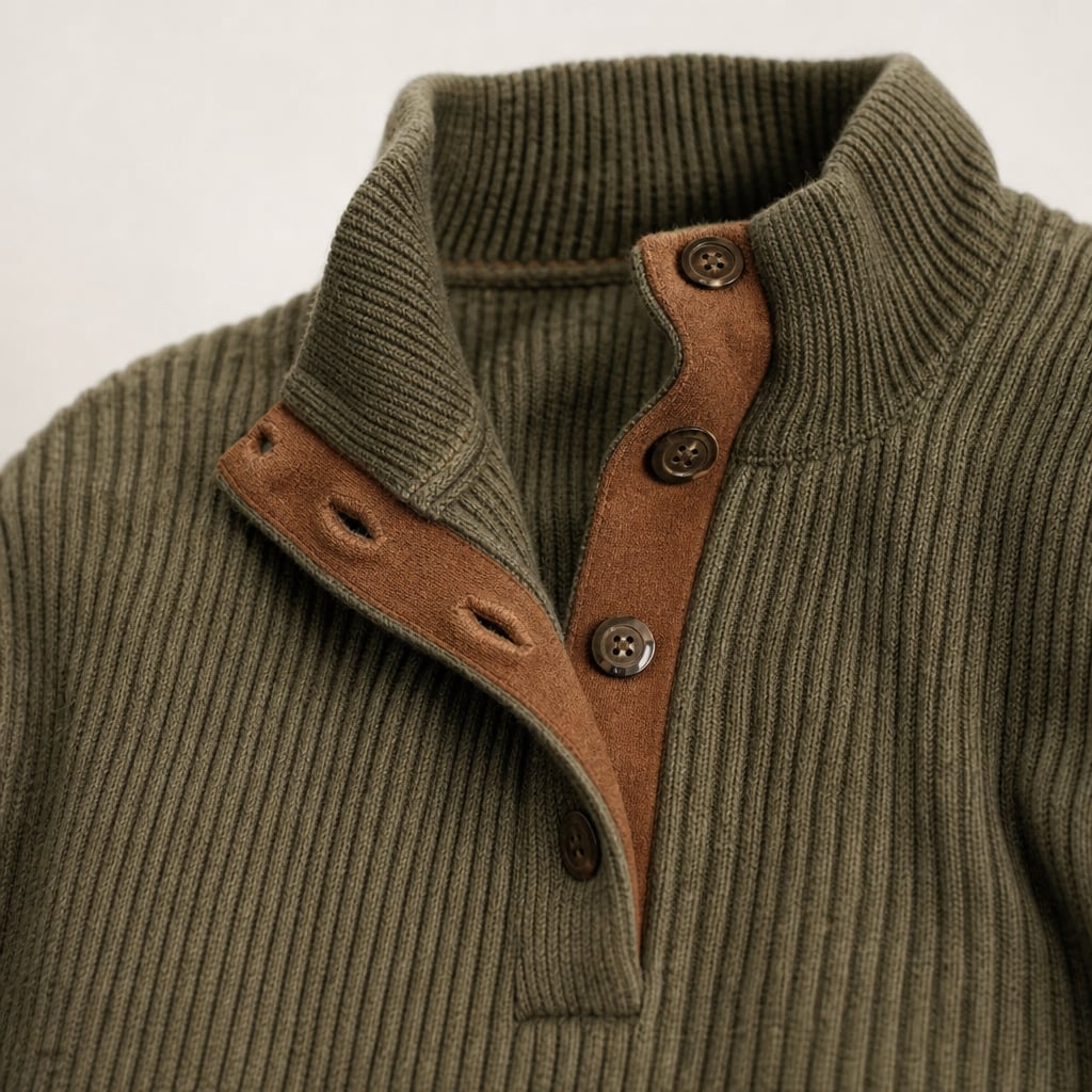 Cardigan Ribbed Knit Suede Elbow Patches Green – Fabric and Detail Close-Up