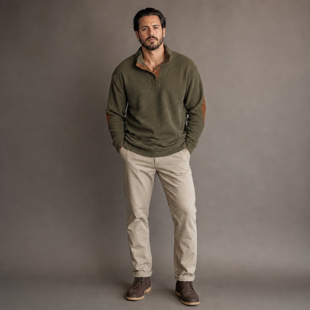 Cardigan Ribbed Knit Suede Elbow Patches Green – Full Look