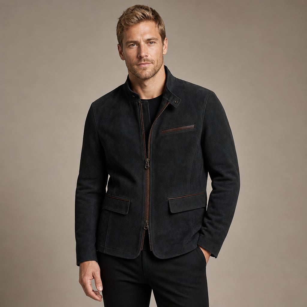 Sports Jacket Suede Finish Zip-Up Black – Product Photo