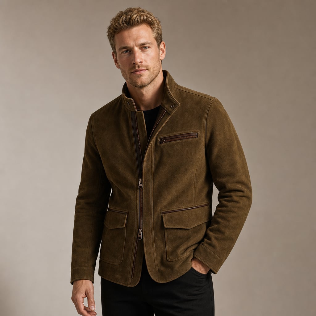 Sports Jacket Suede Finish Zip-Up Brown – Side Angle View