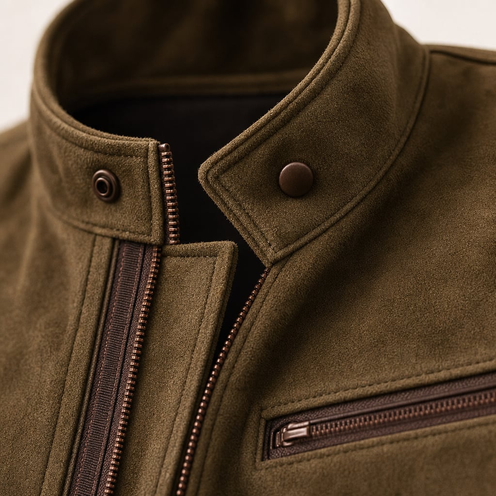 Sports Jacket Suede Finish Zip-Up Brown – Fabric and Detail Close-Up