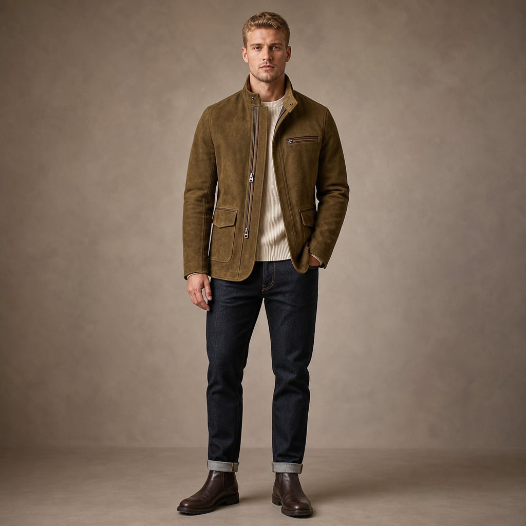 Sports Jacket Suede Finish Zip-Up Brown – Full Look