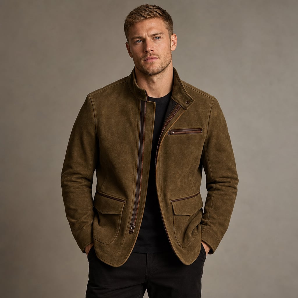 Sports Jacket Suede Finish Zip-Up Brown – Product Photo