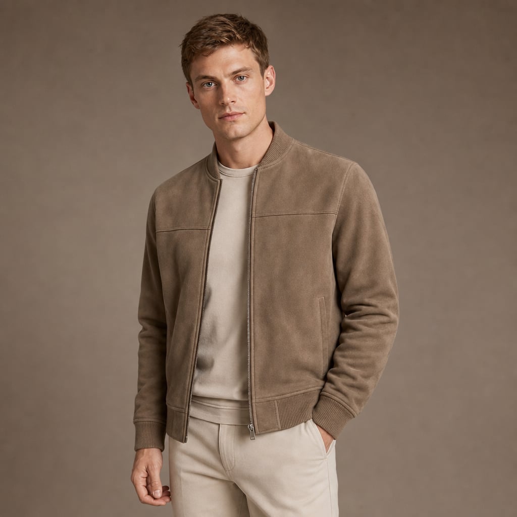 Sports Jacket Suede Zip Front Brown – Side Angle View