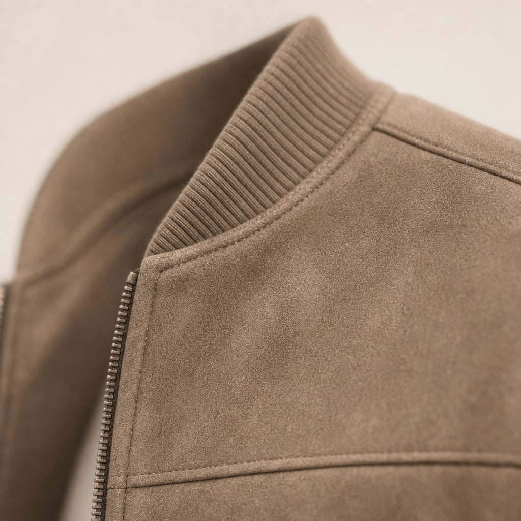 Sports Jacket Suede Zip Front Brown – Fabric and Detail Close-Up