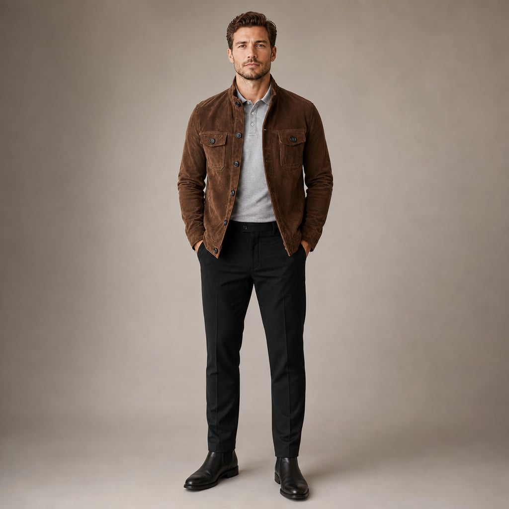 Sports Jacket Suede Finish Workwear Chore Coat Brown – Full Look