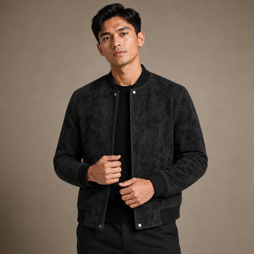 Suede Bomber Jacket Stand Collar Moto Style Black – Product Photo
