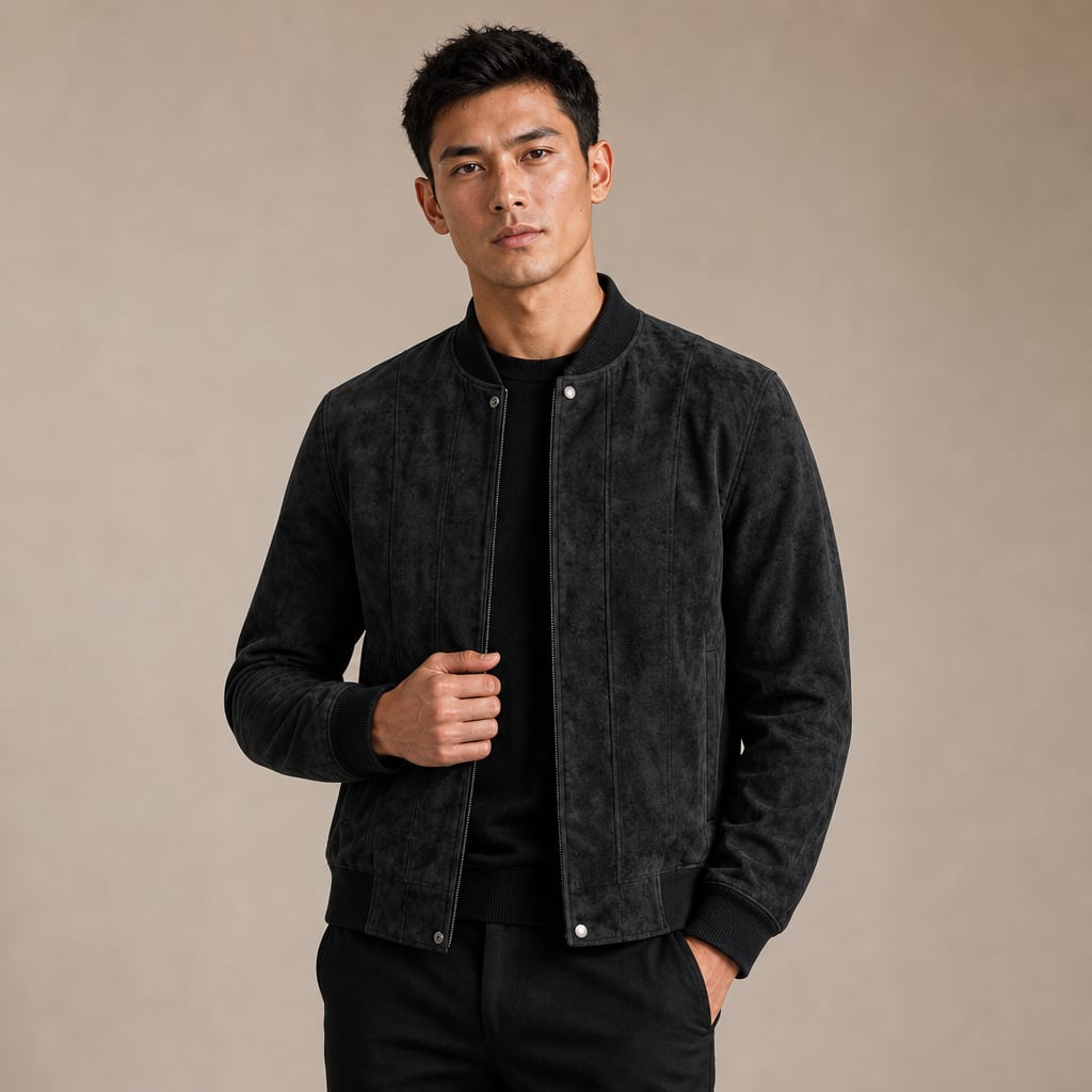 Suede Bomber Jacket Stand Collar Moto Style in Black – Tarlano Premium Menswear