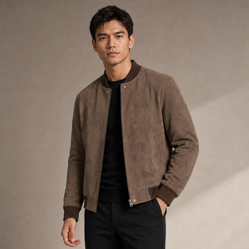 Suede Bomber Jacket Stand Collar Moto Style Brown – Side Angle View