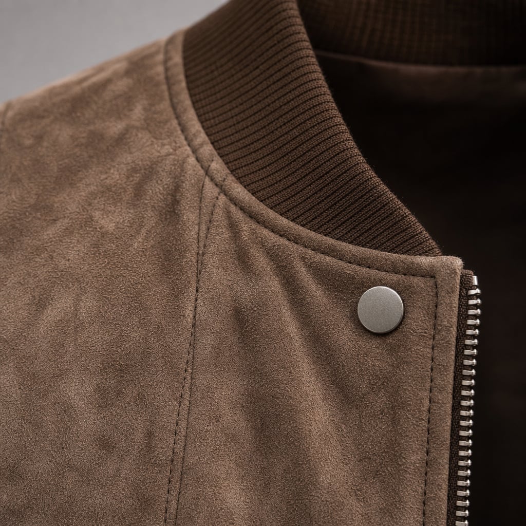 Suede Bomber Jacket Stand Collar Moto Style Brown – Fabric and Detail Close-Up