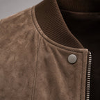 Suede Bomber Jacket Stand Collar Moto Style Brown – Fabric and Detail Close-Up