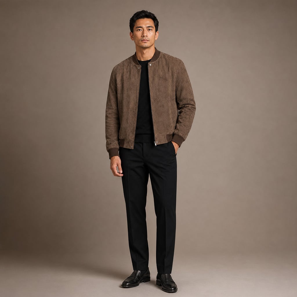 Suede Bomber Jacket Stand Collar Moto Style Brown – Full Look
