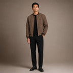 Suede Bomber Jacket Stand Collar Moto Style Brown – Full Look