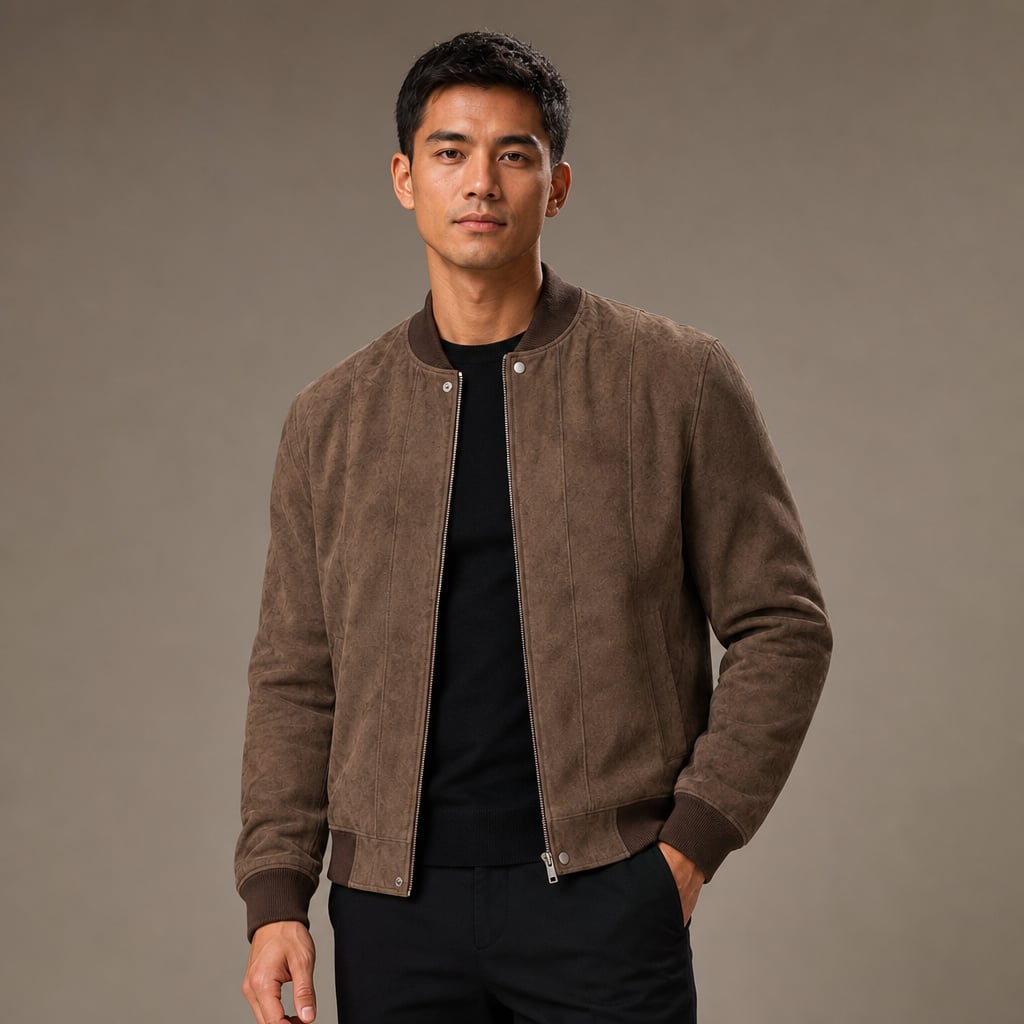 Suede Bomber Jacket Stand Collar Moto Style Brown – Product Photo
