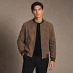 Suede Bomber Jacket Stand Collar Moto Style in Brown – Tarlano Premium Menswear