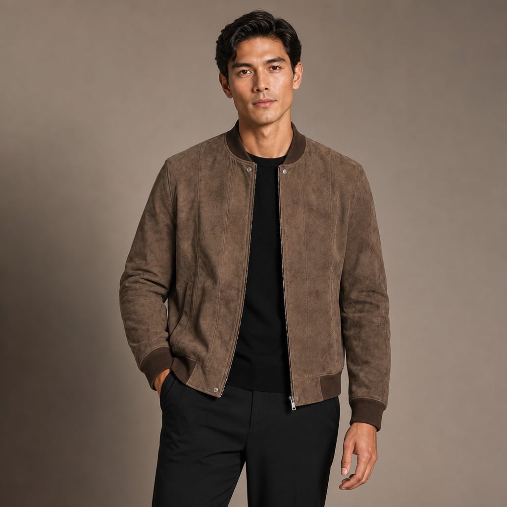 Suede Bomber Jacket Stand Collar Moto Style in Brown – Tarlano Premium Menswear