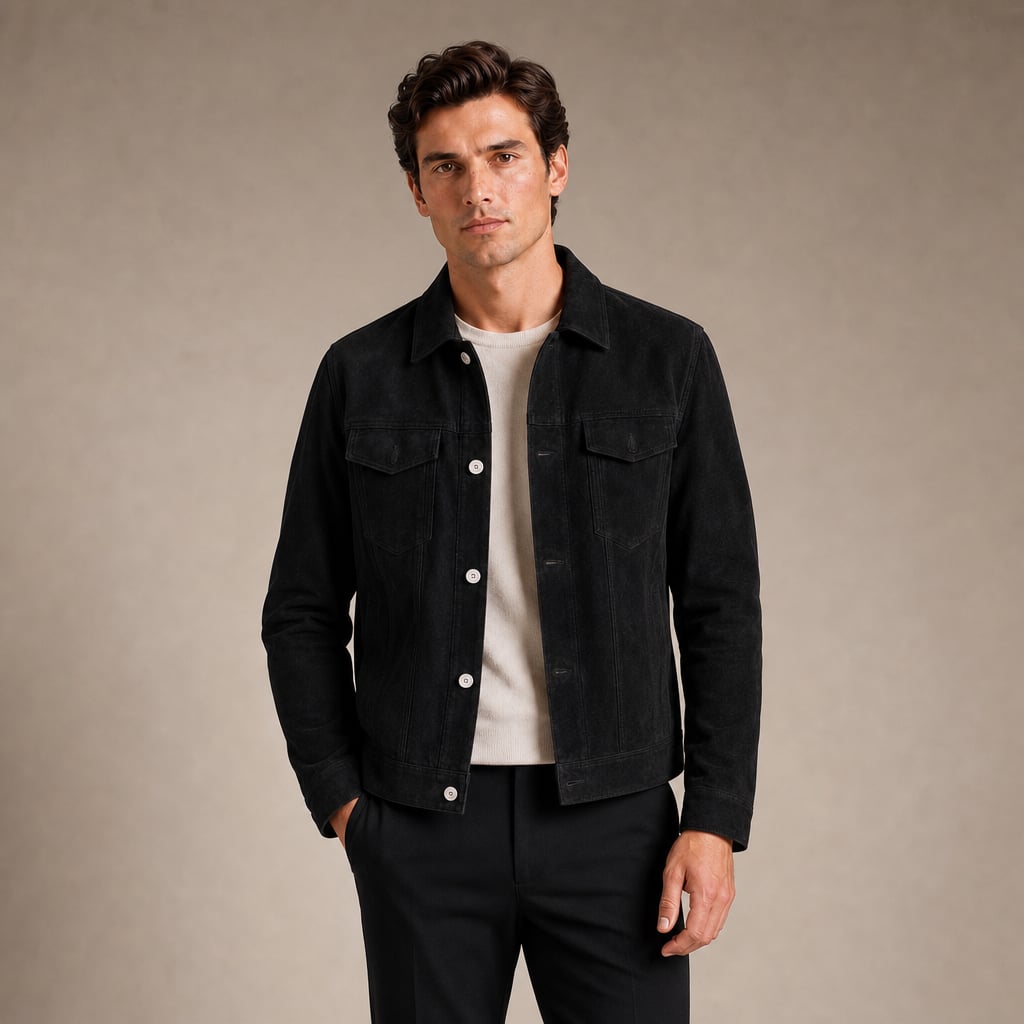 Sports Jacket Suede-Look Slim Fit Turn-Down Collar Black – Product Photo