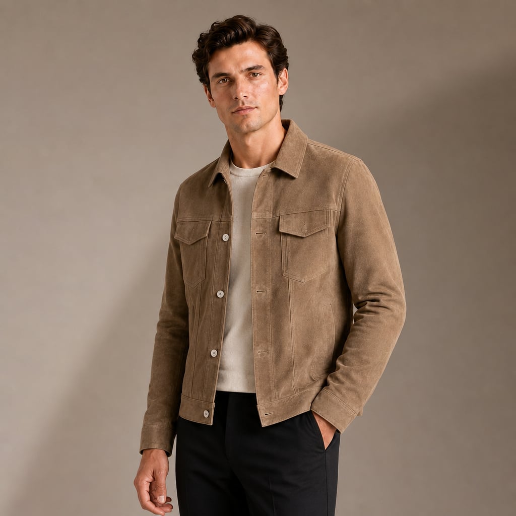 Sports Jacket Suede-Look Slim Fit Turn-Down Collar Brown – Side Angle View
