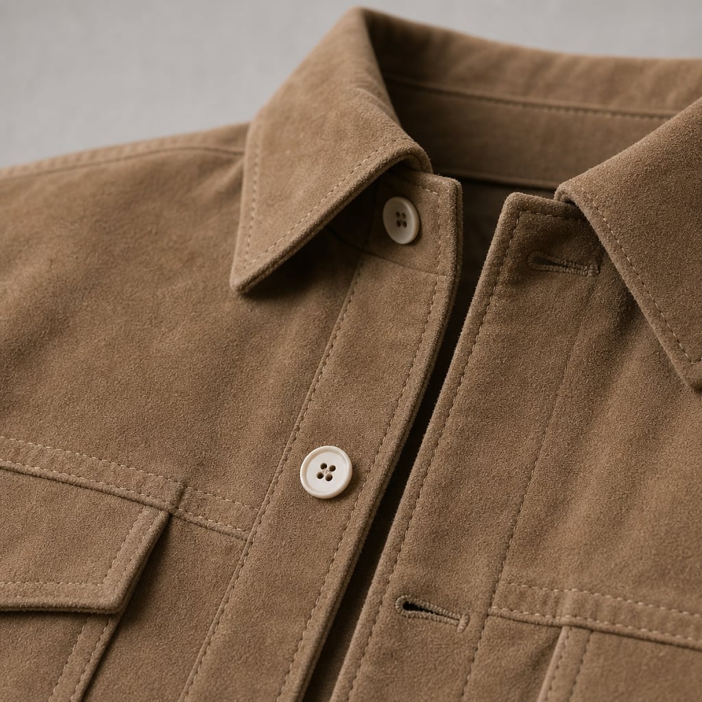 Sports Jacket Suede-Look Slim Fit Turn-Down Collar Brown – Fabric and Detail Close-Up